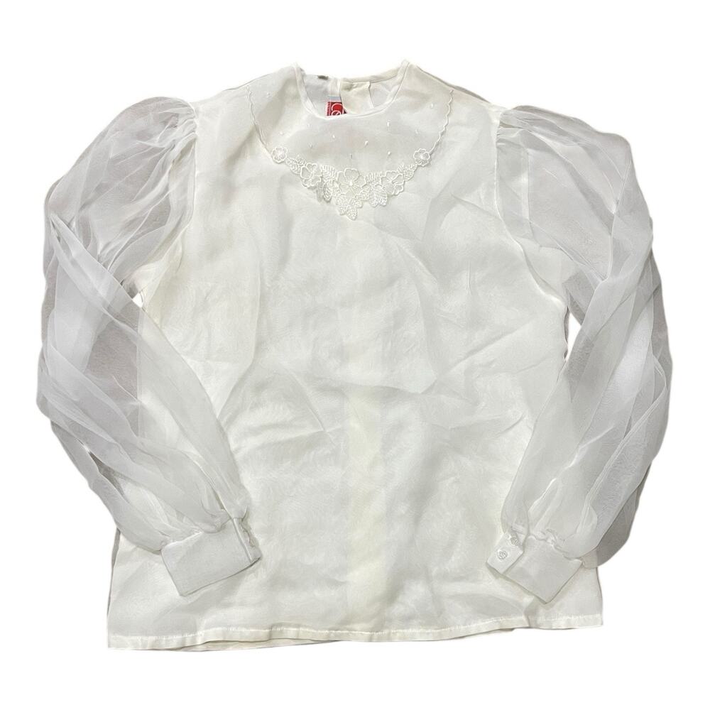 VTG Coquette Cottagecore Womens Blouse Size 12 White Lace Collar Sheer Sleeve